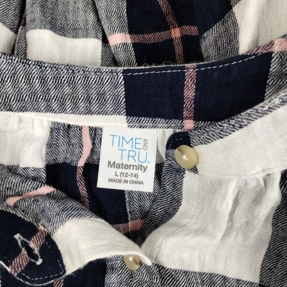 Time and Tru Maternity Womens Large Woven Button Up Top Blue Plaid Shirt - Picture 7 of 10
